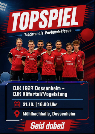 Unsere Erste gegen DJK Käfertal / Vogelstang am Samstag 31.10. 16:00 Uhr Mühlbachhalle – Seid dabei!